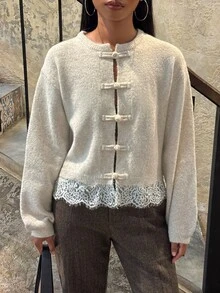 SHEIN BAE Regular Women's New Chinese Style Lace Patchwork Knit Cardigan - Apricot - View 4