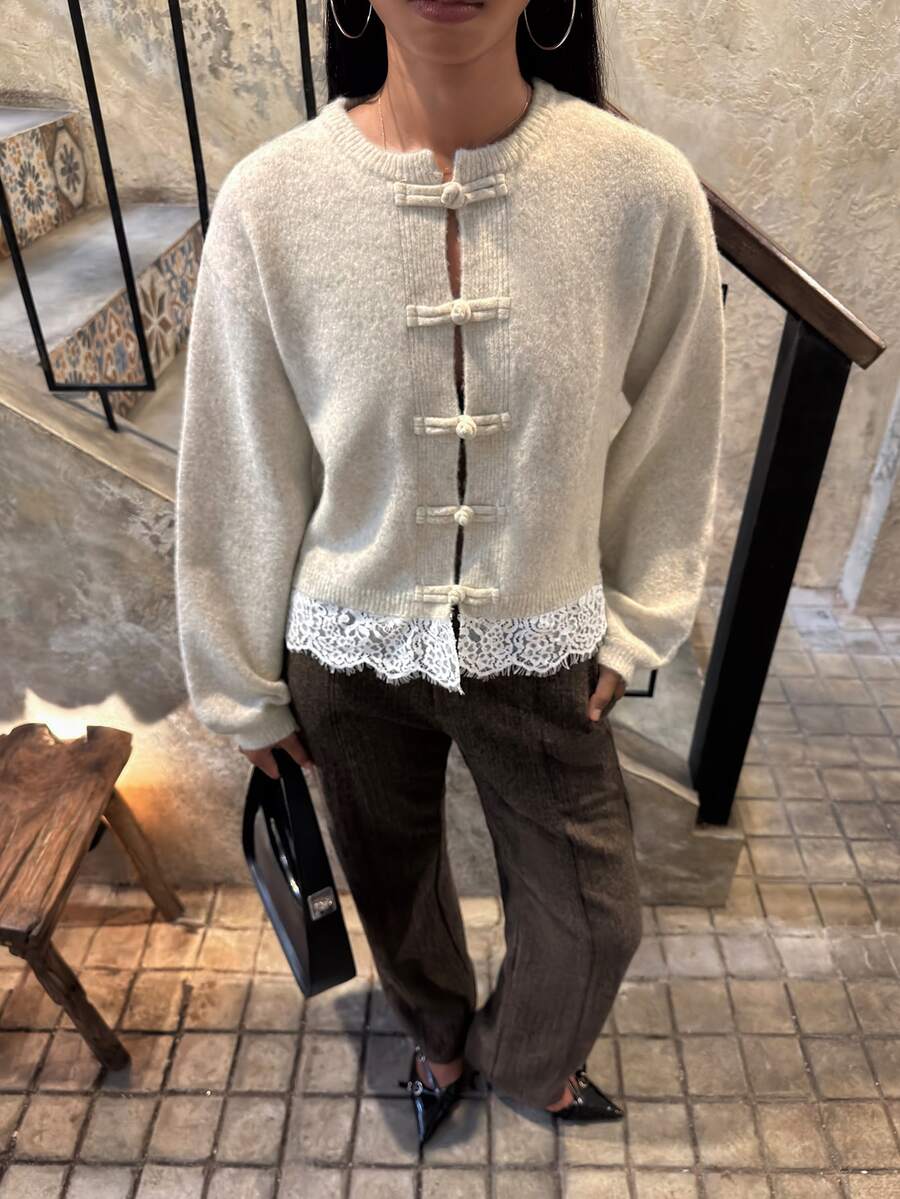 SHEIN BAE Regular Women's New Chinese Style Lace Patchwork Knit Cardigan - Apricot - View 1