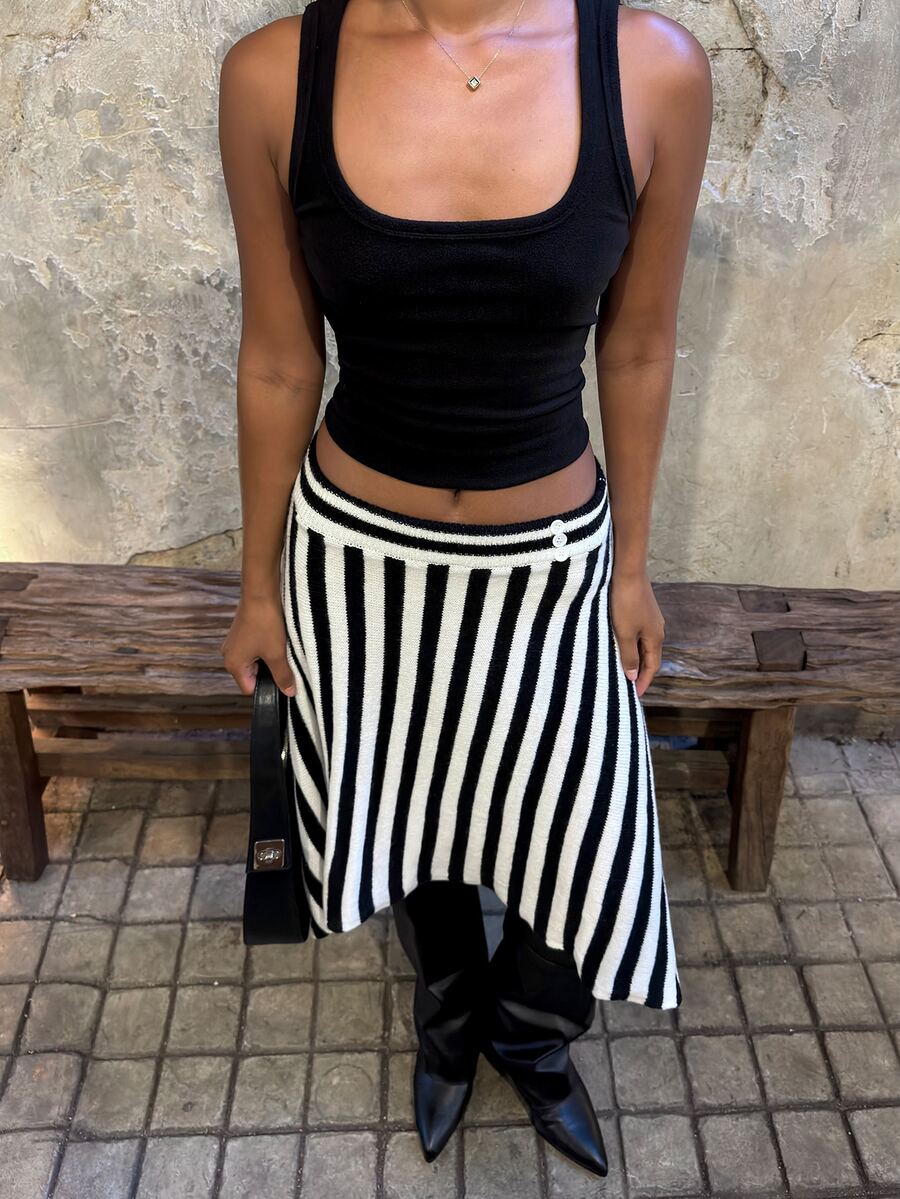 SHEIN BAE Regular Women's Striped Asymmetrical Hem Knit Skirt - Black and White - View 1
