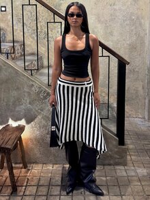 SHEIN BAE Regular Women's Striped Asymmetrical Hem Knit Skirt - Black and White - View 7