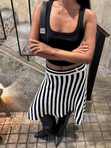 SHEIN BAE Regular Women's Striped Asymmetrical Hem Knit Skirt - Black and White - View 8