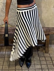 SHEIN BAE Regular Women's Striped Asymmetrical Hem Knit Skirt - Black and White - View 1