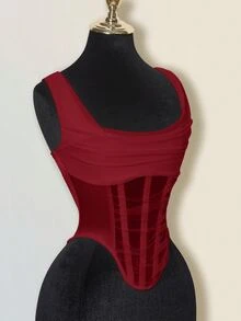 SHEIN ICON Sheer Plunging Neckline Fishbone Camisole - Burgundy - View 9