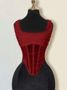 SHEIN ICON Sheer Plunging Neckline Fishbone Camisole - Burgundy - View 10