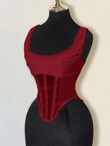 SHEIN ICON Sheer Plunging Neckline Fishbone Camisole - Burgundy - View 5