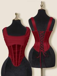 SHEIN ICON Sheer Plunging Neckline Fishbone Camisole - Burgundy - View 1