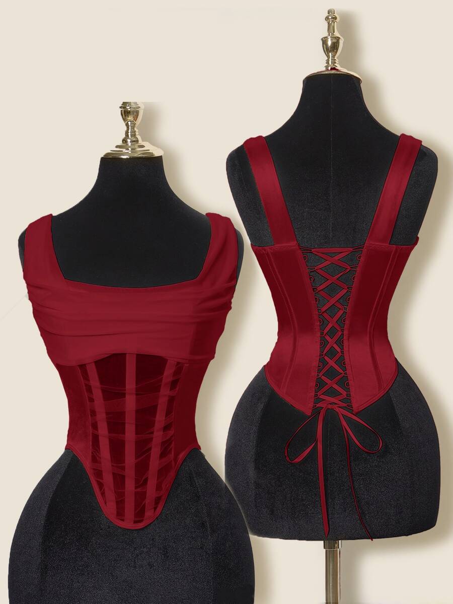 SHEIN ICON Sheer Plunging Neckline Fishbone Camisole - Burgundy - View 1