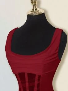 SHEIN ICON Sheer Plunging Neckline Fishbone Camisole - Burgundy - View 8
