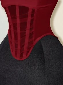 SHEIN ICON Sheer Plunging Neckline Fishbone Camisole - Burgundy - View 7