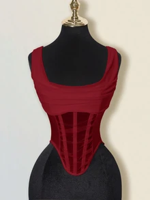 SHEIN ICON Sheer Plunging Neckline Fishbone Camisole - Burgundy - View 4
