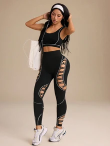 Slayform Slayform Women's Seamless High Elasticity Fitness Sports Sexy Mesh Leggings - Black - View 8