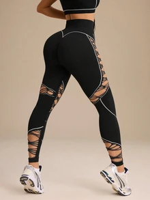 Slayform Slayform Women's Seamless High Elasticity Fitness Sports Sexy Mesh Leggings - Black - View 5