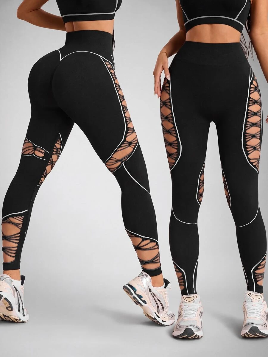 Slayform Slayform Women's Seamless High Elasticity Fitness Sports Sexy Mesh Leggings - Black - View 1