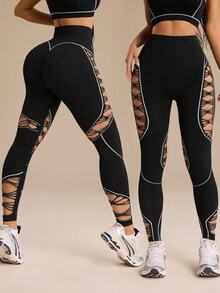 Slayform Slayform Women's Seamless High Elasticity Fitness Sports Sexy Mesh Leggings - Black - View 3