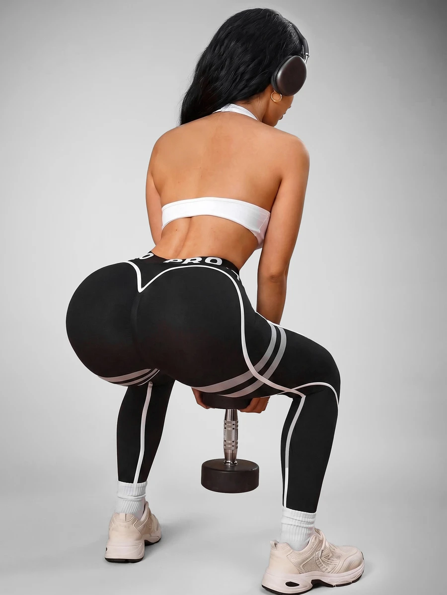 Slayform Slayform Contrast Color Striped High Waist Seamless Sports Leggings - Black - View 1
