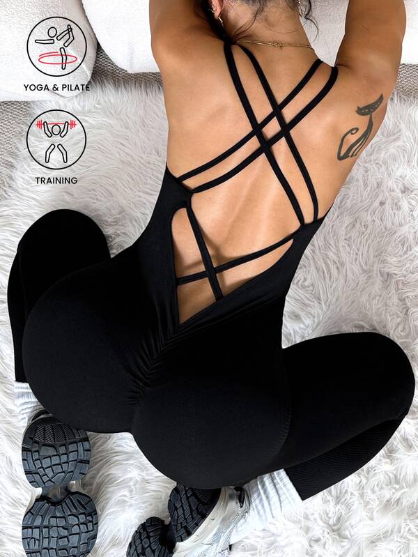 Slayform 1pc Women's Plus Size Seamless Deep V-Neck Criss-Cross Backless Sexy Yoga Jumpsuit For Running, Fitness, Yoga, Dance, Exercise