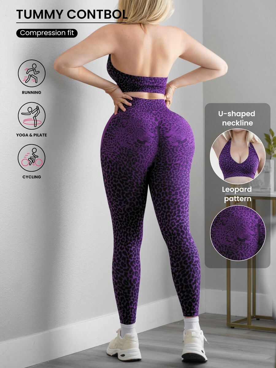 Slayform Slayform مجموعة رياضية بدون درزات عالية المرونة بطبعة نمر أحمر، حمالة صدر رياضية وسروال ضيق، مجموعة رياضية حمراء بطبعة نمر للتمارين الرياضية للنساء - الأرجواني - مشاهدة 1