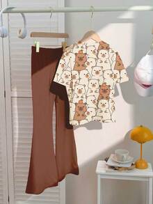 SHEIN Cute Capybara Cartoon Animal Printed 2pcs Set:Young Girl Casual Minimalist Round Neck Short Sleeve Top And Wide Leg Pants,Suitable For Summer - Multicolor - View 2