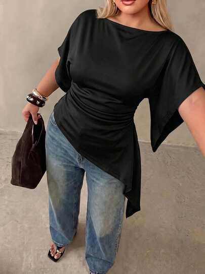 Auralis Plus Size Women Solid Color Boat Neck Batwing Short Sleeve Ruched Asymmetrical Hem Fashion T-Shirt Casual Daily Office Business Work T-Shirt For Women
