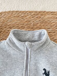 SHEIN 2件組 男童春秋休閒抓絨內裡套頭衛衣與運動長褲套裝，簡約半拉鍊立領衛衣與運動長褲套裝，4-7歲 - 灰色 - 查看 4