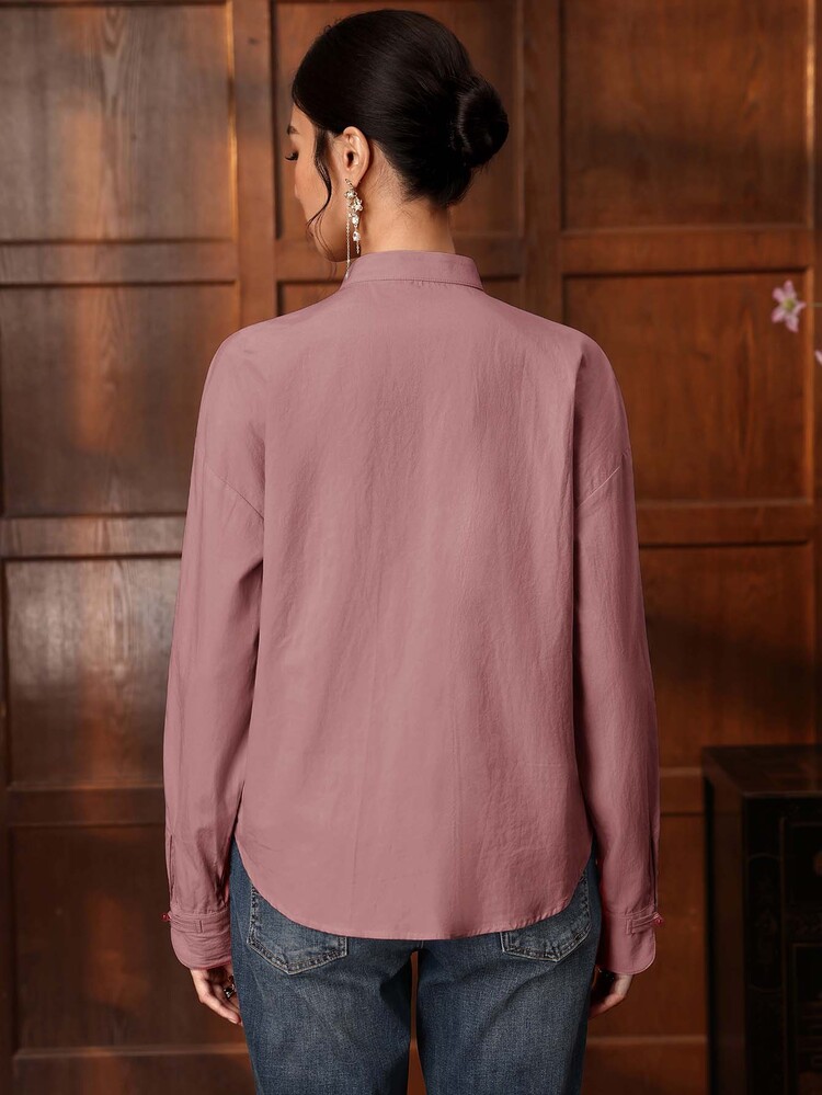 EastFlair Women's Solid Color Casual Retro Versatile Daily Wear Shirt Travel Dusty Rose Autumn Festival Autumn Cotton - Pink - View 8