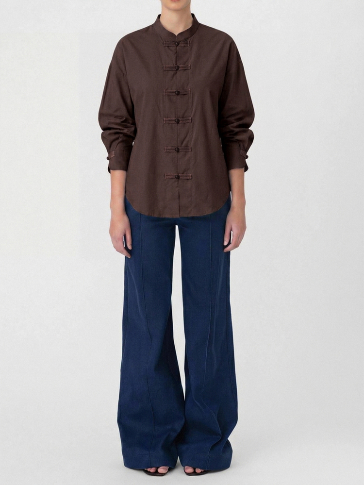 EastFlair Women's Fashion Vintage Frog Button Shirt, Vacation Street Style - Coffee Brown - View 3