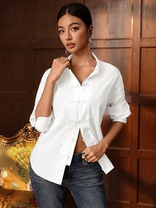 EastFlair 女款素色休閒百搭日常穿著襯衫 - 白色 - 查看 8