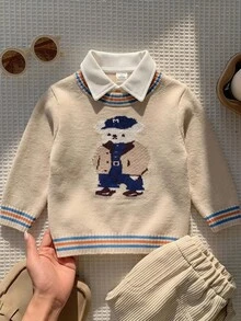 SHEIN Young Boys Sweaters Fashionable Cute Round Neck Long Sleeve Cartoon Jacquard Regular Fit Single Piece Top Suitable For Outing Travel Vacation Daycare - Khaki - View 1