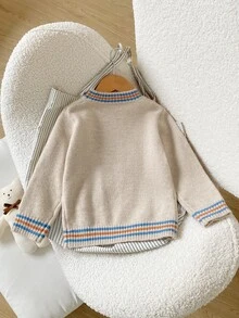 SHEIN Young Boys Sweaters Fashionable Cute Round Neck Long Sleeve Cartoon Jacquard Regular Fit Single Piece Top Suitable For Outing Travel Vacation Daycare - Khaki - View 8