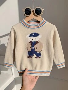 SHEIN Young Boys Sweaters Fashionable Cute Round Neck Long Sleeve Cartoon Jacquard Regular Fit Single Piece Top Suitable For Outing Travel Vacation Daycare - Khaki - View 2