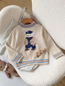 SHEIN Young Boys Sweaters Fashionable Cute Round Neck Long Sleeve Cartoon Jacquard Regular Fit Single Piece Top Suitable For Outing Travel Vacation Daycare - Khaki - View 7