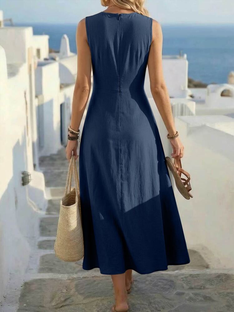 Louniche Women's Spring/Summer Casual Olive Green Sleeveless Dress With Criss-Cross Waist Design, Minimalist Style, Elegant For Daily Wear, Shopping, Afternoon Tea, Small Gatherings, Light Business And Commuting - Blue - View 2