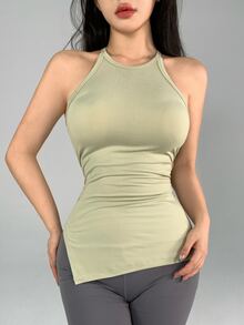 DAZY Women's Solid Color Side Slit Hem Sports Tank Top - Green - View 2