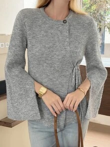 DAZY Women's Solid Color Casual Elegant Versatile Daily Wear Cardigan Brunch Office Grey Autumn - Grey - View 5