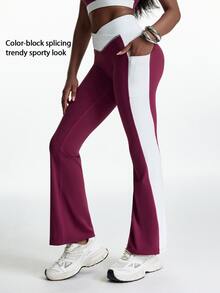 Innovista Innovista Women's Burgundy High Waist Color Block Sports Pants Workout Yoga Sportswear Activewear Tummy Control Booty Lift High Stretch Pilates Summer Athletic - Burgundy - View 10