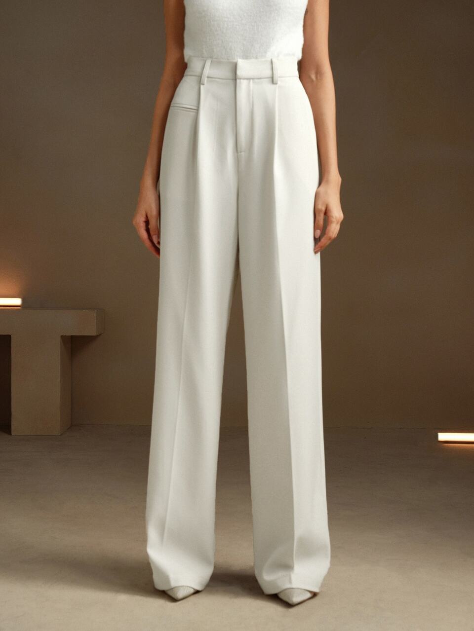Anewsta Tall Women's Summer New White Suit Pants, Modern City Solid Color One-Pocket Decoration Baggy Wide Leg Suit Pants