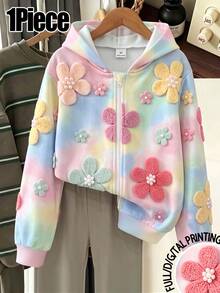 1件少女秋季上衣 花卉3D印花連帽拉鍊運動衫，可愛紮染長袖運動衫，適合秋冬穿著 - 彩色 - 查看 3