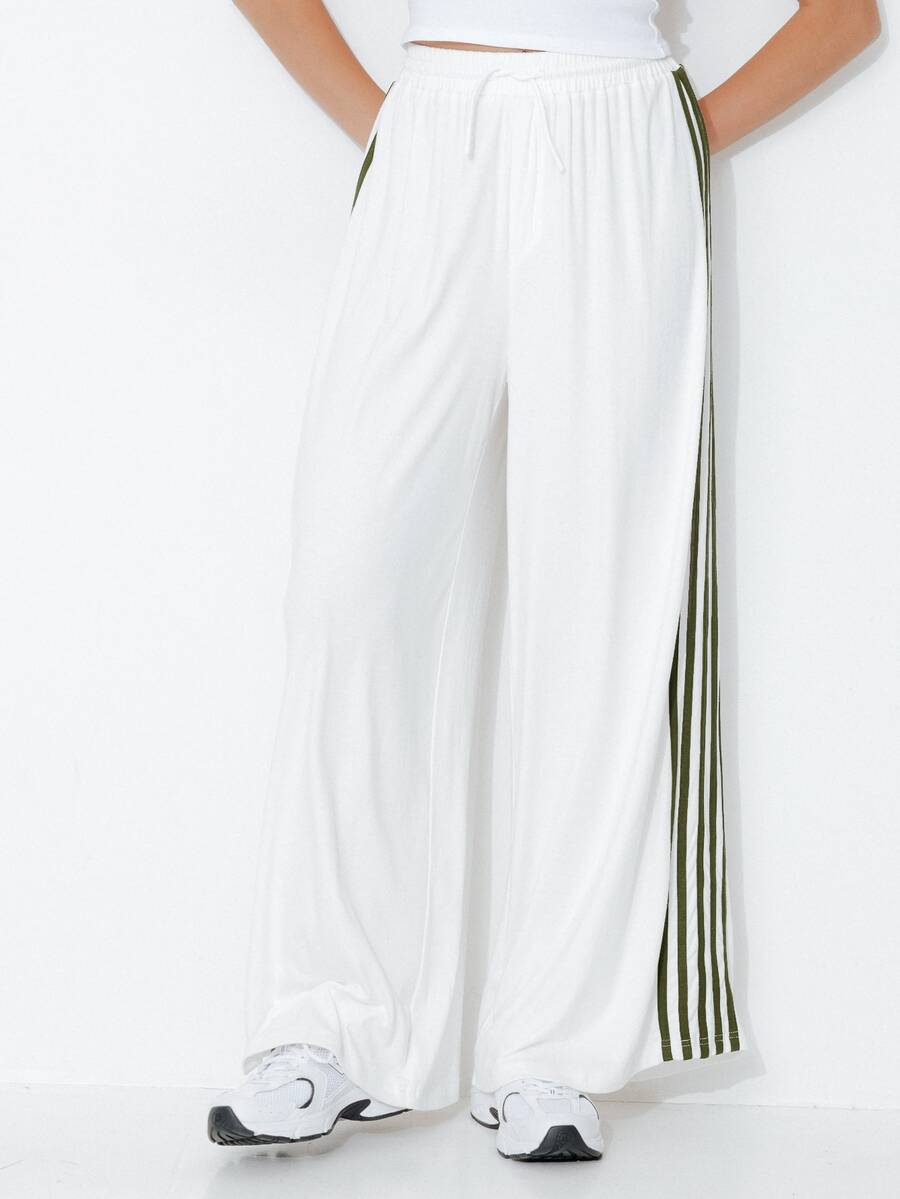 Pimkie Edition Women's Casual Striped Colorblock Drawstring Waist Sweatpants - White - View 1