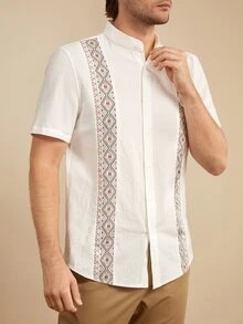 COMVAIL Men's Plus Size Geometric Print Single-Breasted Short Sleeve Vacation Shirt - White - View 4