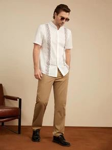 COMVAIL Men's Plus Size Geometric Print Single-Breasted Short Sleeve Vacation Shirt - White - View 3