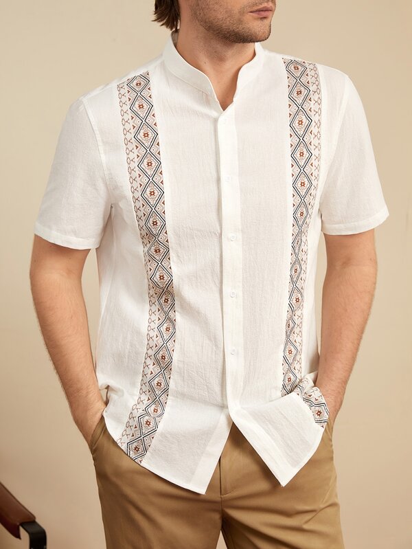 COMVAIL Men's Plus Size Geometric Print Single-Breasted Short Sleeve Vacation Shirt