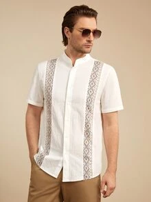 COMVAIL Men's Plus Size Geometric Print Single-Breasted Short Sleeve Vacation Shirt - White - View 6