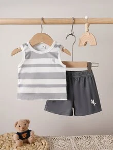 SHEIN Newborn Summer Baby Boy Sleeveless Shorts Set White Textured Striped Print Soft Pullover - Grey - View 5