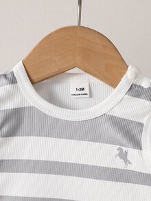SHEIN Newborn Summer Baby Boy Sleeveless Shorts Set White Textured Striped Print Soft Pullover - Grey - View 6