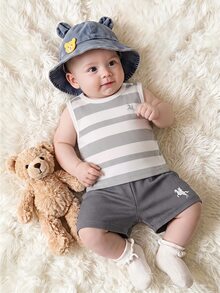 SHEIN Newborn Summer Baby Boy Sleeveless Shorts Set White Textured Striped Print Soft Pullover - Grey - View 1