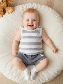 SHEIN Newborn Summer Baby Boy Sleeveless Shorts Set White Textured Striped Print Soft Pullover - Grey - View 8