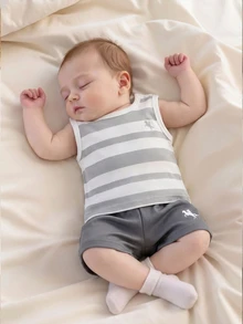 SHEIN Newborn Summer Baby Boy Sleeveless Shorts Set White Textured Striped Print Soft Pullover - Grey - View 2