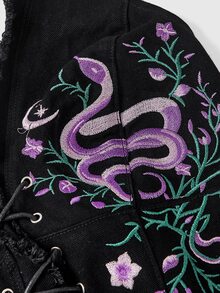 ROMWE Goth Women's Dark Retro Boho Floral Snake & Moon Print Embroidered Halter Neck Sexy Plus Size Denim Top - Black - View 5