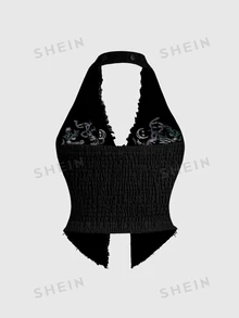 ROMWE Goth Women's Dark Retro Boho Floral Snake & Moon Print Embroidered Halter Neck Sexy Plus Size Denim Top - Black - View 2