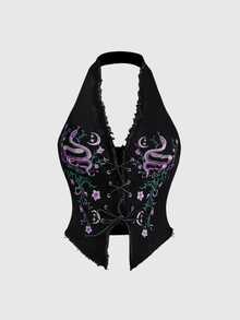 ROMWE Goth Women's Dark Retro Boho Floral Snake & Moon Print Embroidered Halter Neck Sexy Plus Size Denim Top - Black - View 3